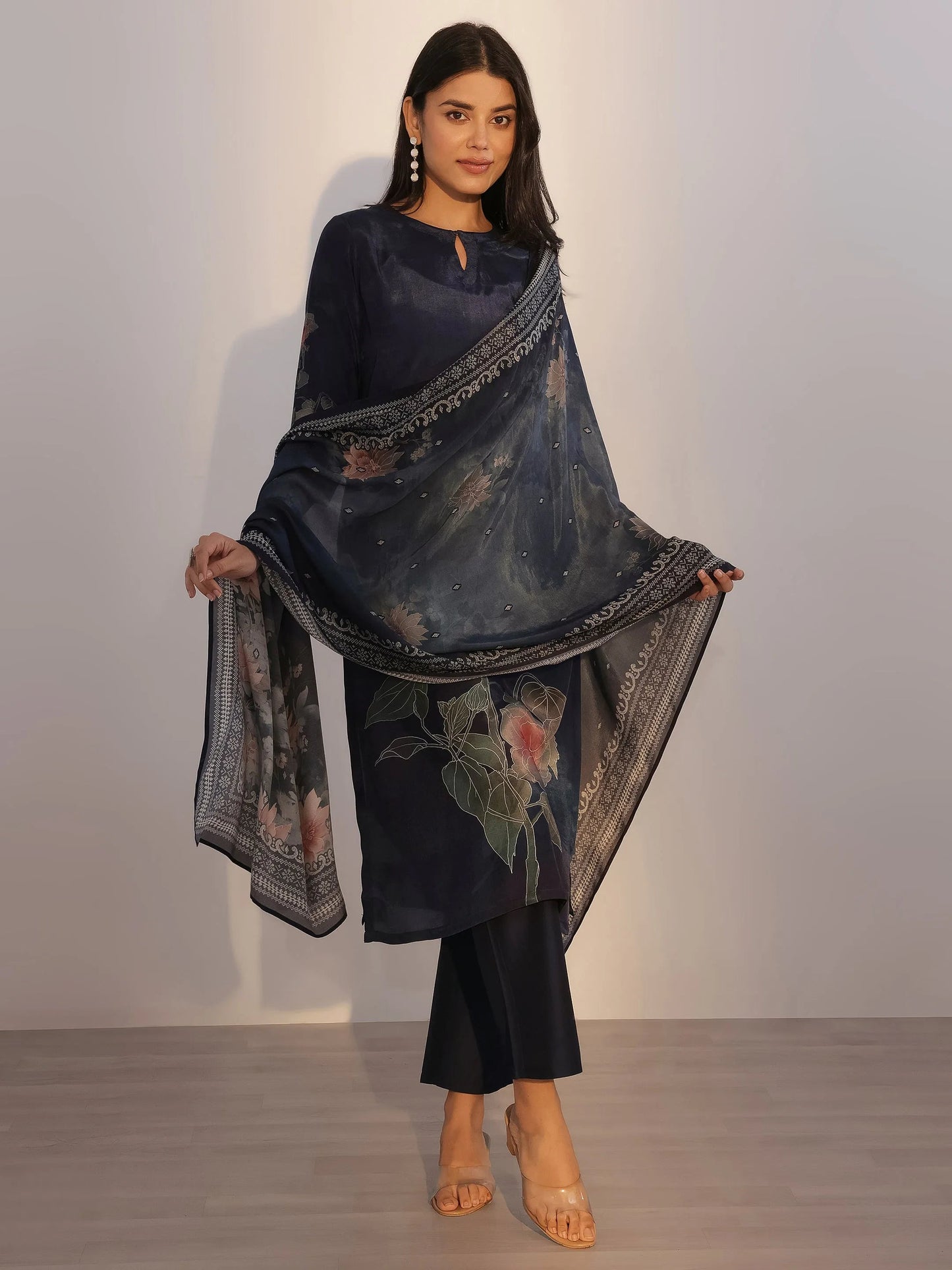 Blue Printed Silk Blend Straight Suit With Dupatta