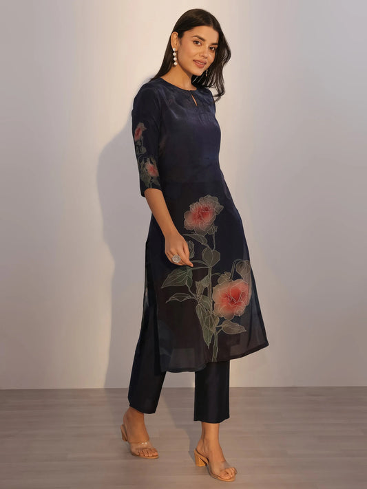 Blue Printed Silk Blend Straight Suit With Dupatta