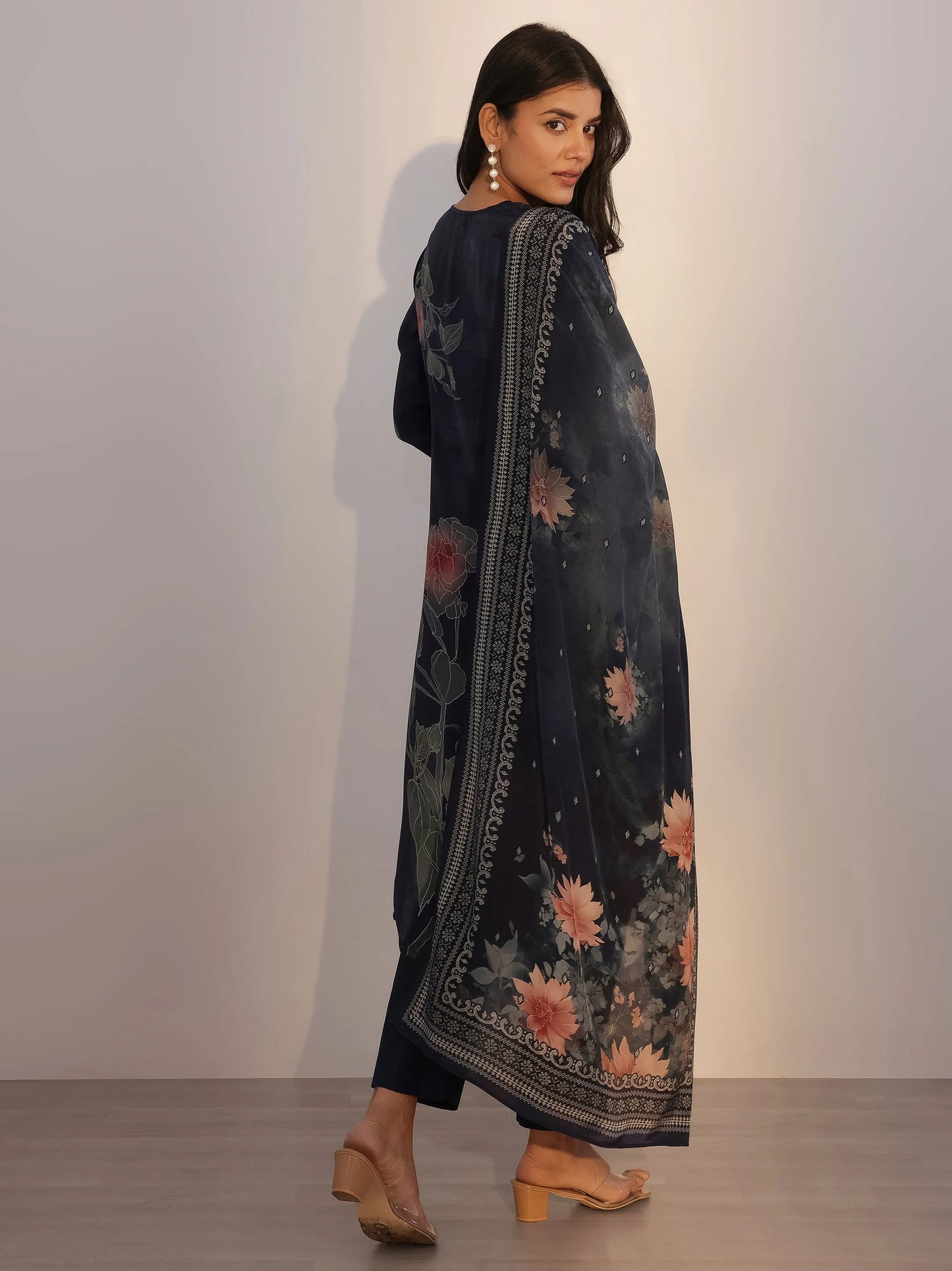 Blue Printed Silk Blend Straight Suit With Dupatta