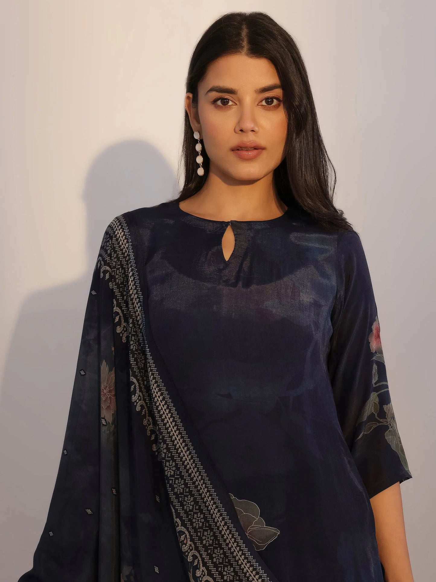 Blue Printed Silk Blend Straight Suit With Dupatta