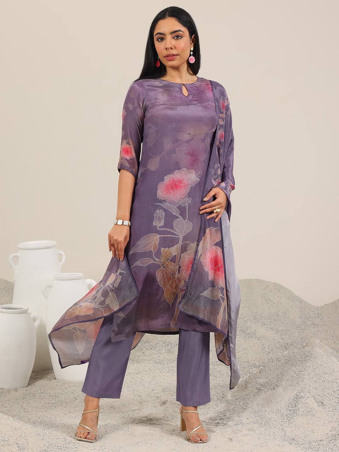 Mauve Printed Silk Blend Straight Suit With Dupatta