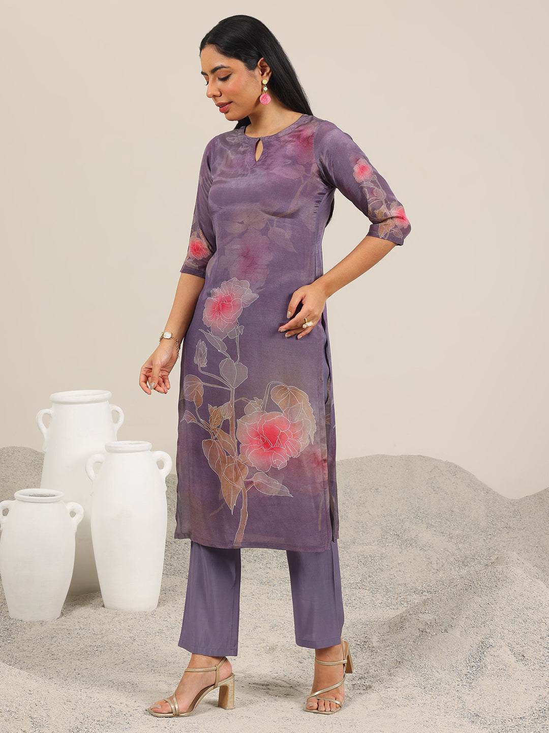 Mauve Printed Silk Blend Straight Suit With Dupatta