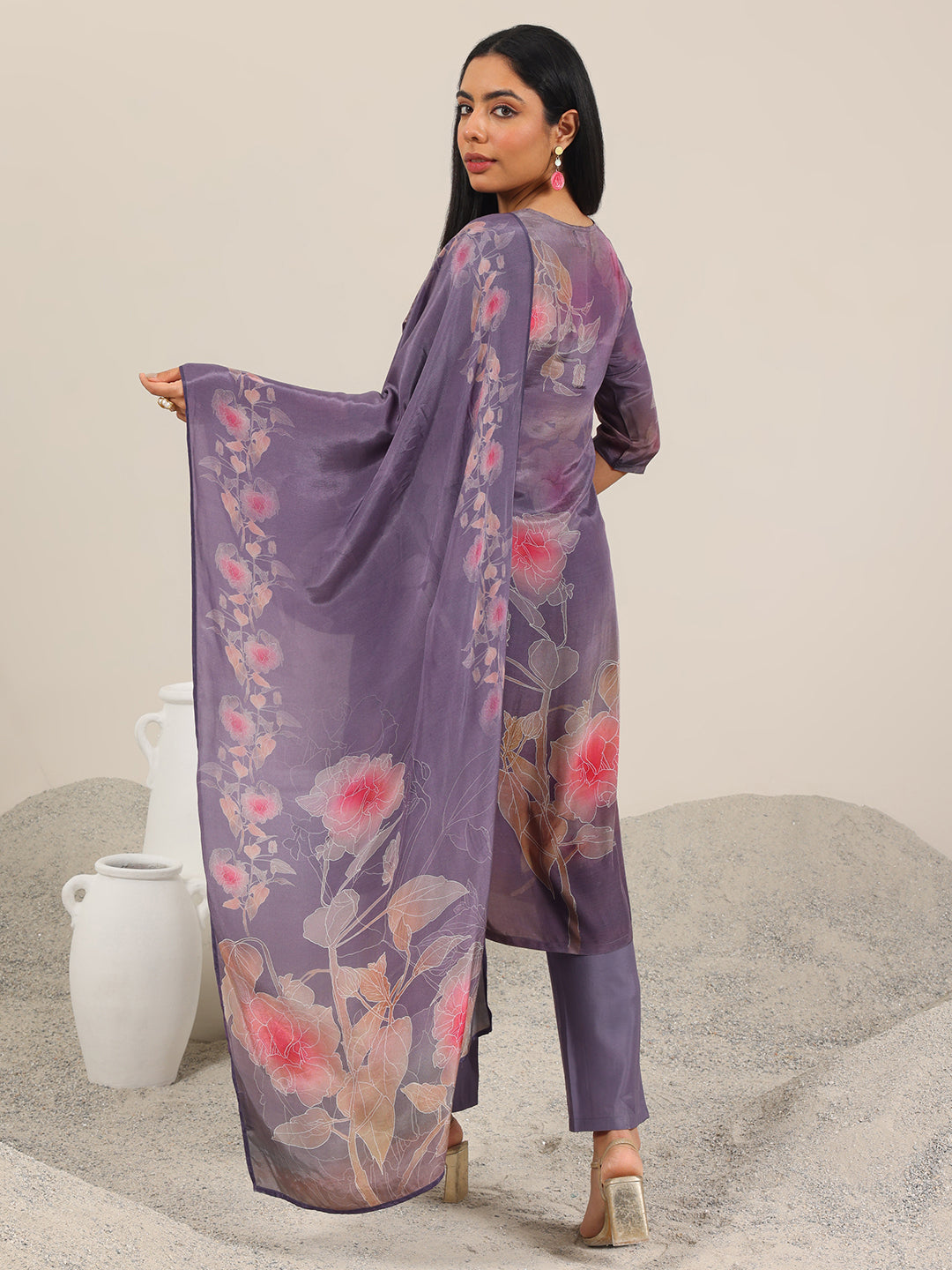 Mauve Printed Silk Blend Straight Suit With Dupatta