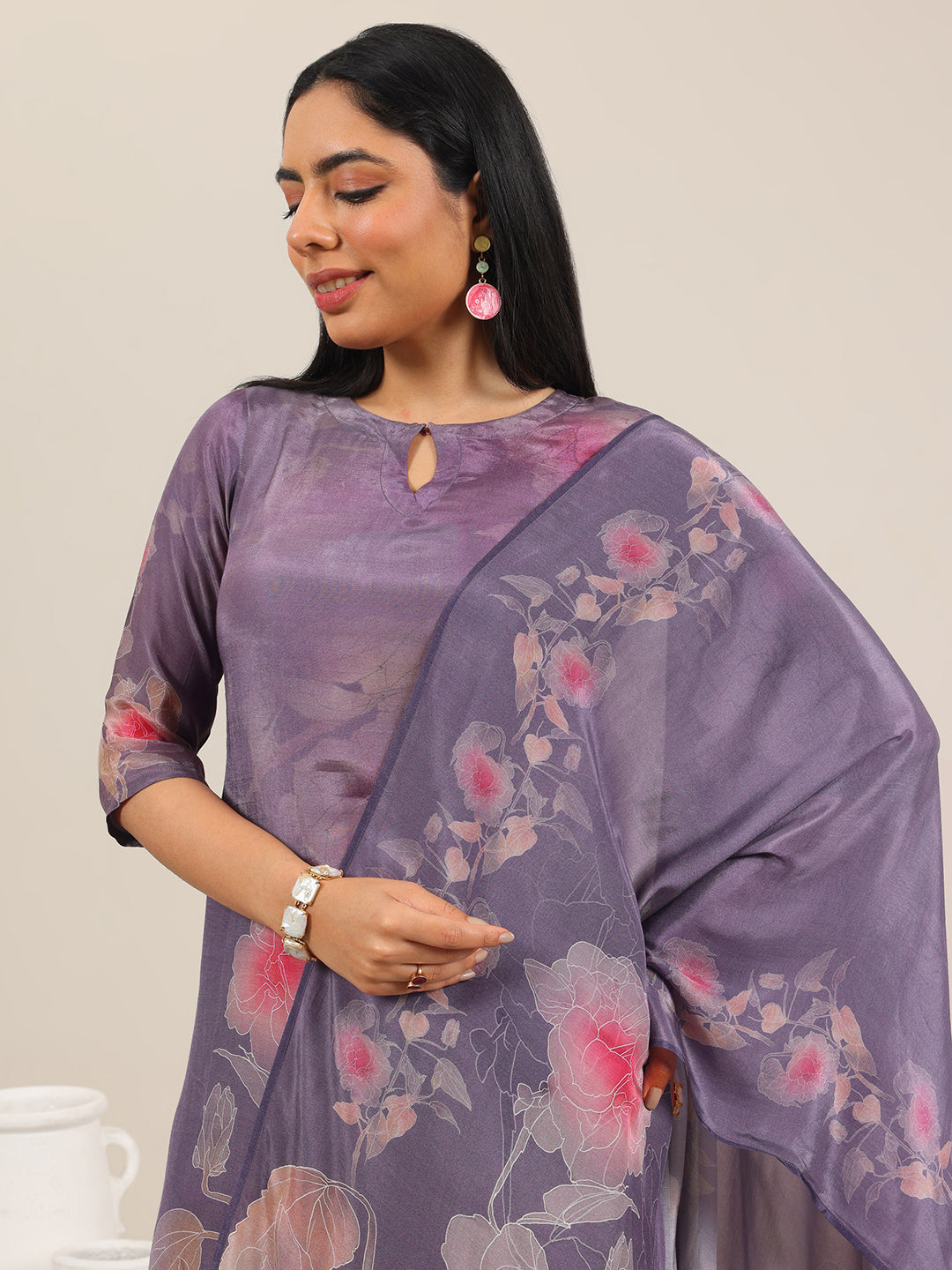 Mauve Printed Silk Blend Straight Suit With Dupatta