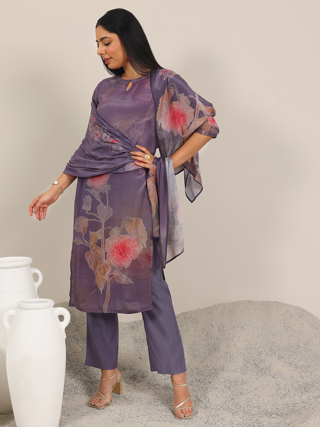 Mauve Printed Silk Blend Straight Suit With Dupatta