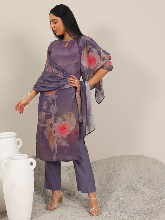 Mauve Printed Silk Blend Straight Suit With Dupatta