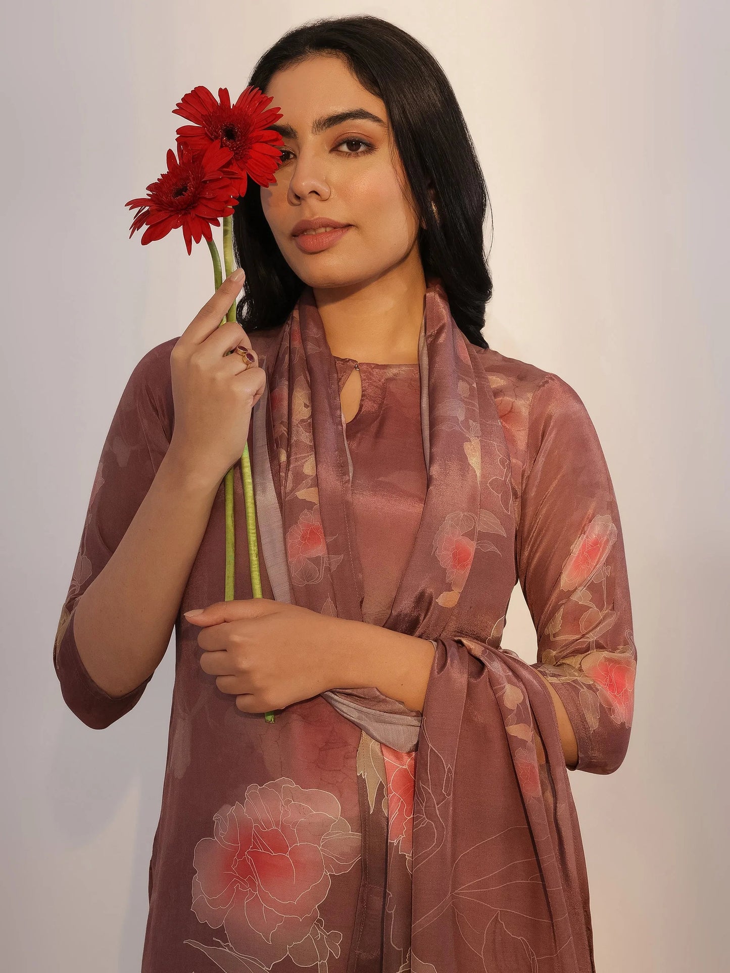 Brown Printed Silk Blend Straight Suit With Dupatta