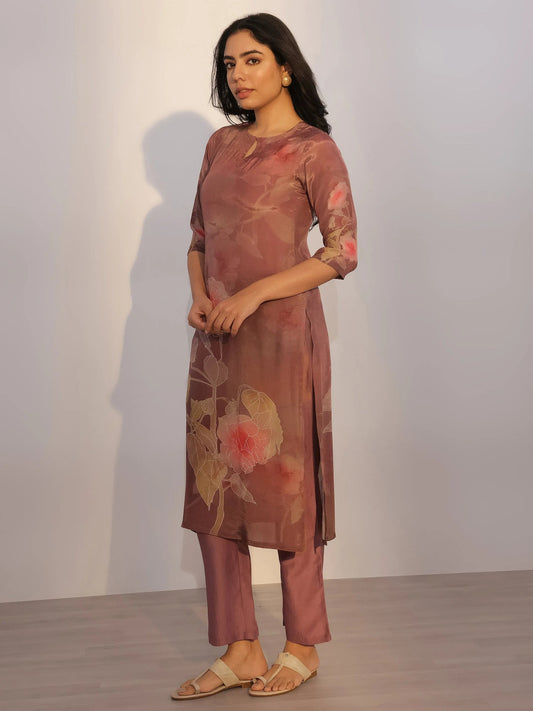Brown Printed Silk Blend Straight Suit With Dupatta