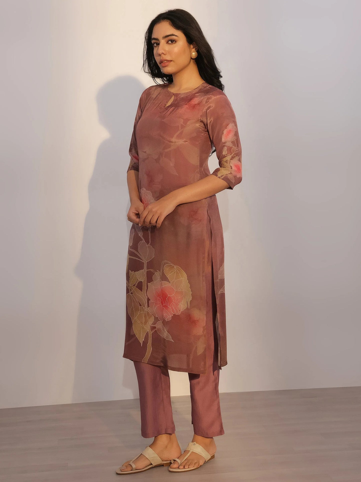 Brown Printed Silk Blend Straight Suit With Dupatta