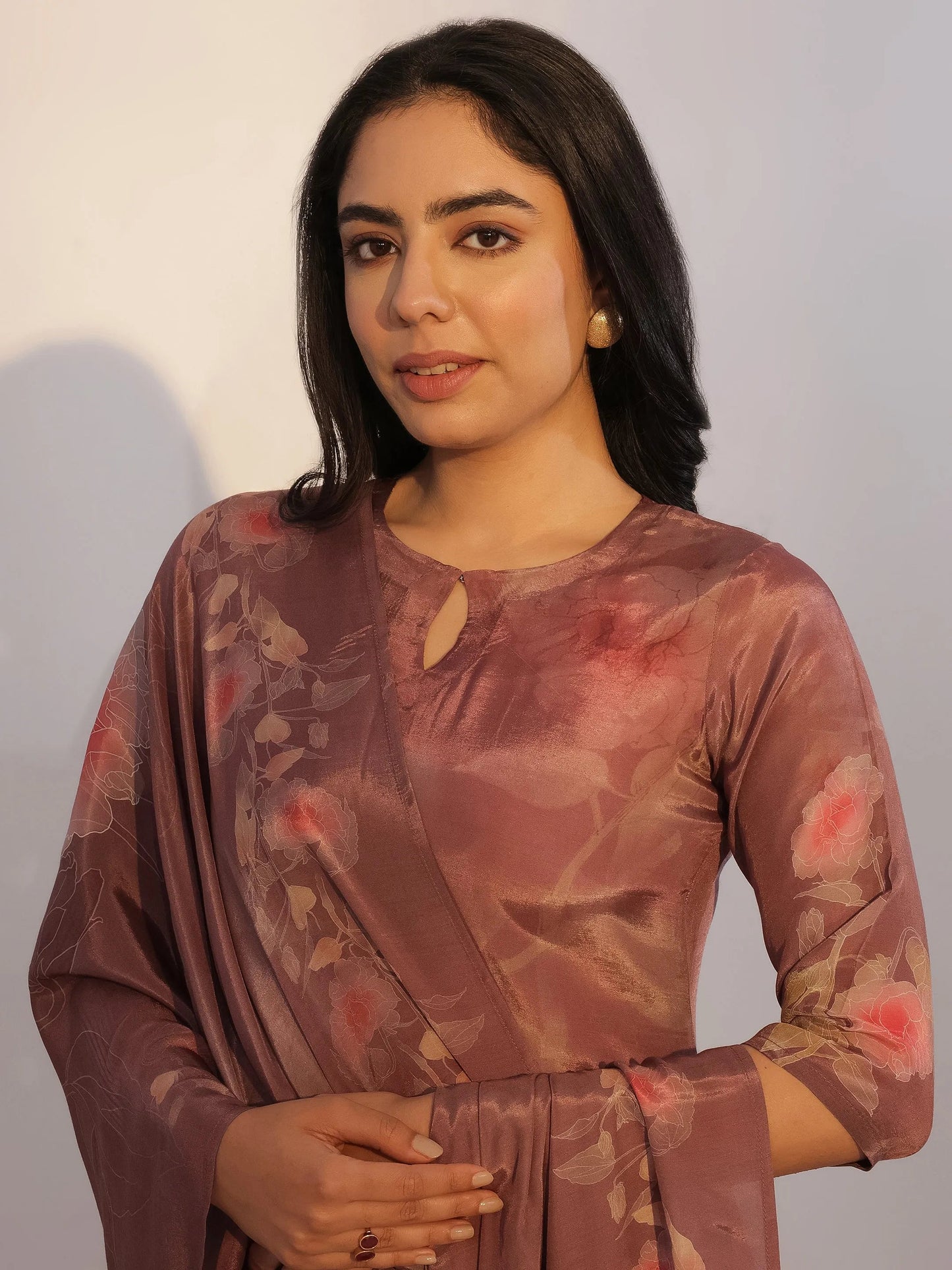 Brown Printed Silk Blend Straight Suit With Dupatta