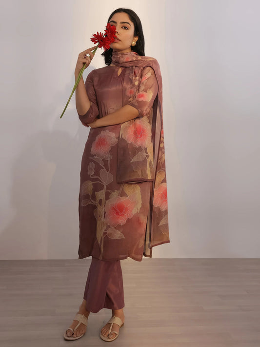 Brown Printed Silk Blend Straight Suit With Dupatta