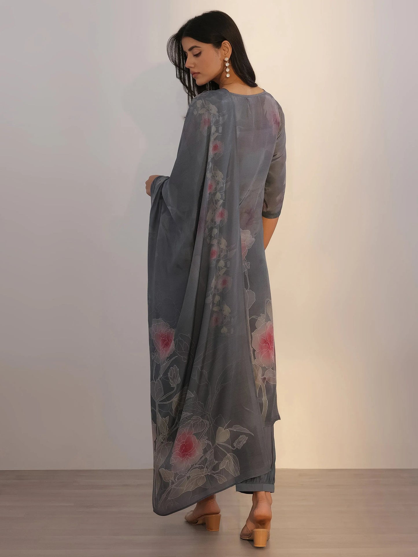 Grey Printed Silk Blend Straight Suit With Dupatta