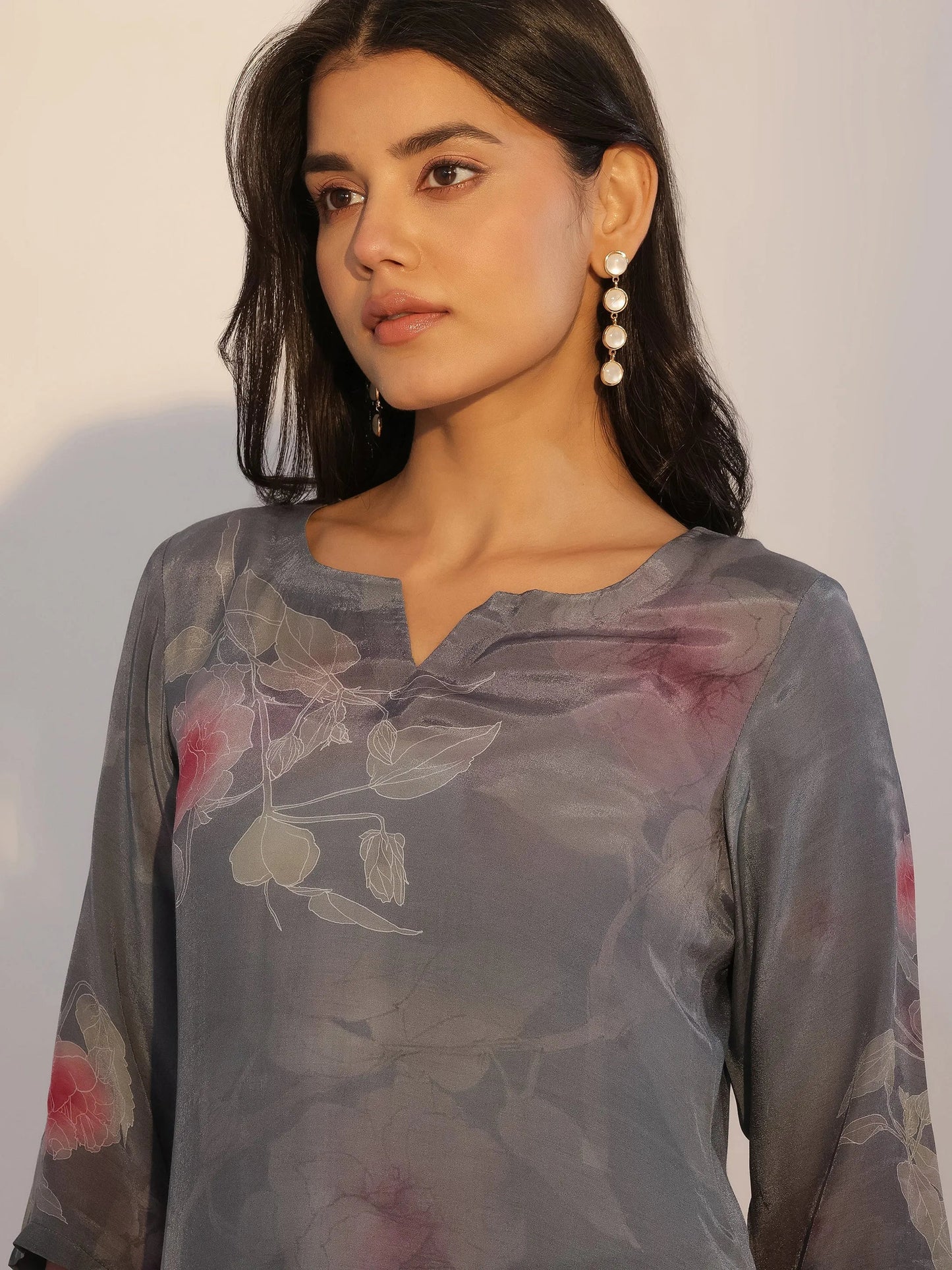 Grey Printed Silk Blend Straight Suit With Dupatta