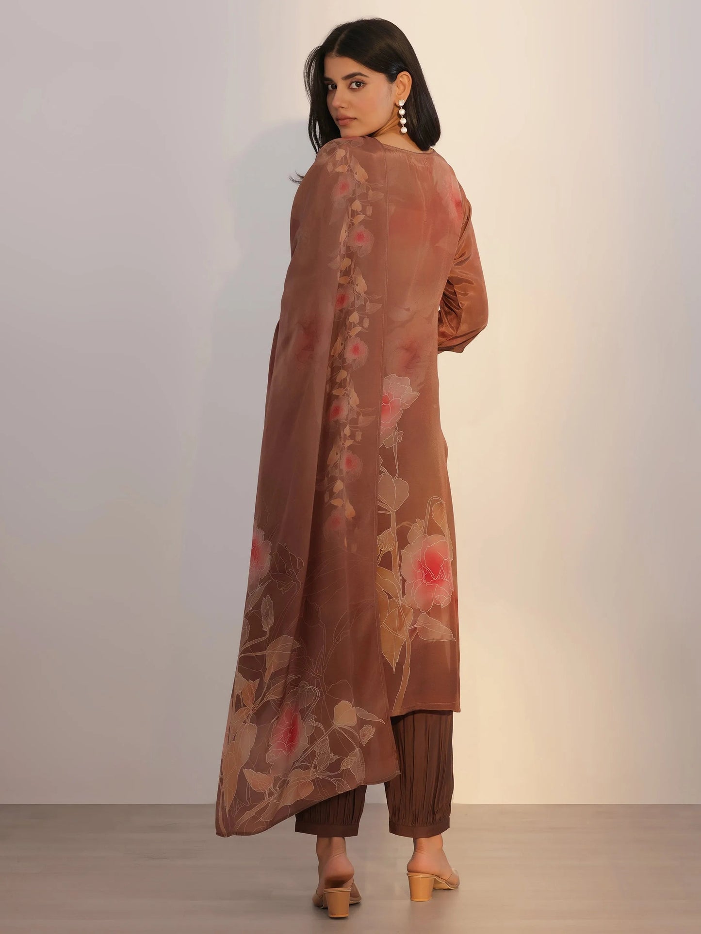 Brown Printed Silk Blend Straight Suit With Dupatta
