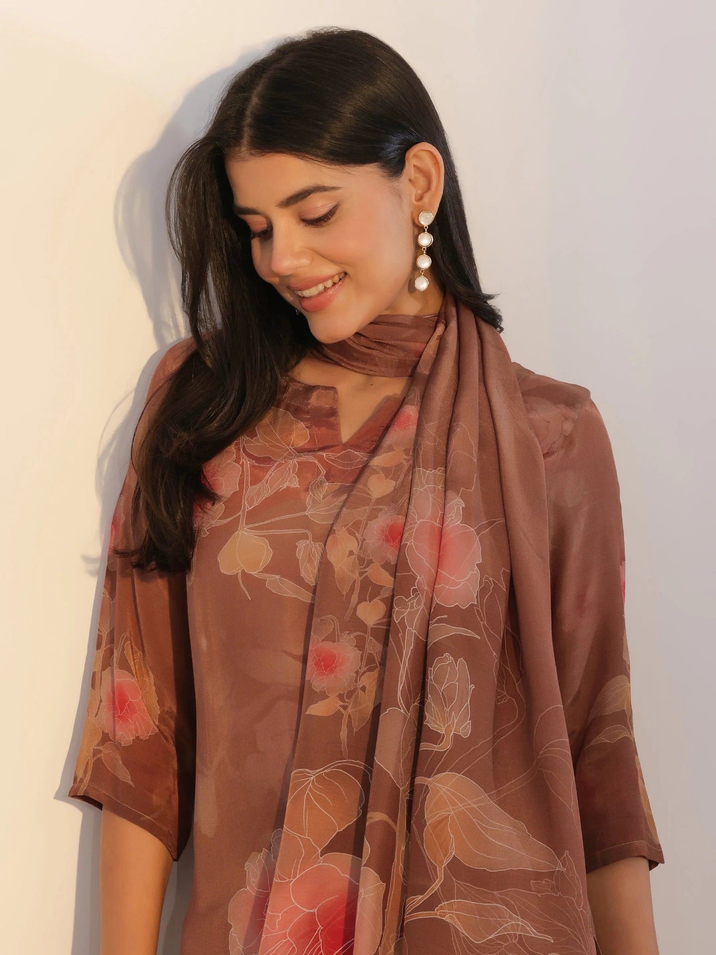Brown Printed Silk Blend Straight Suit With Dupatta