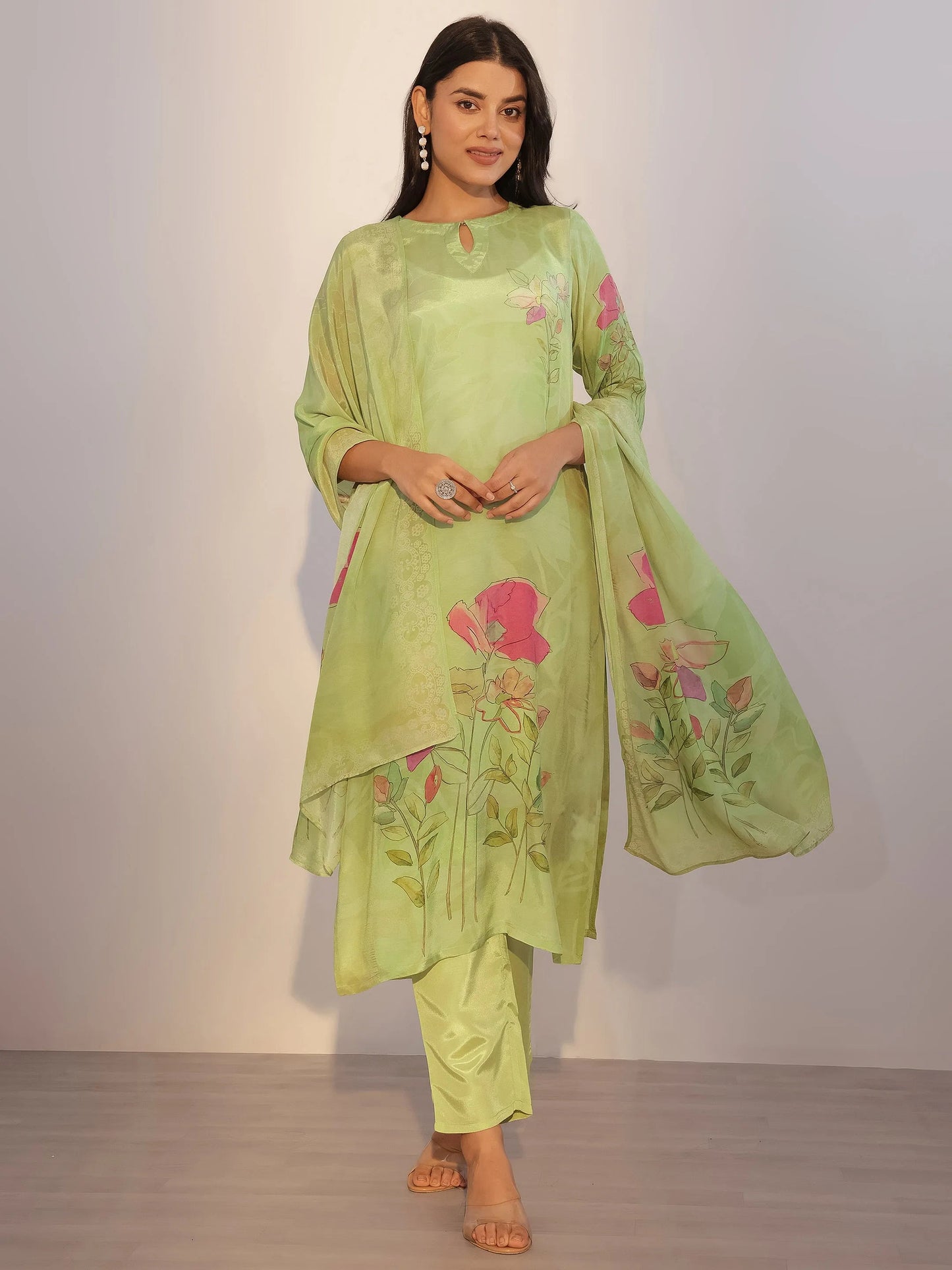 Green Printed Silk Blend Straight Suit With Dupatta