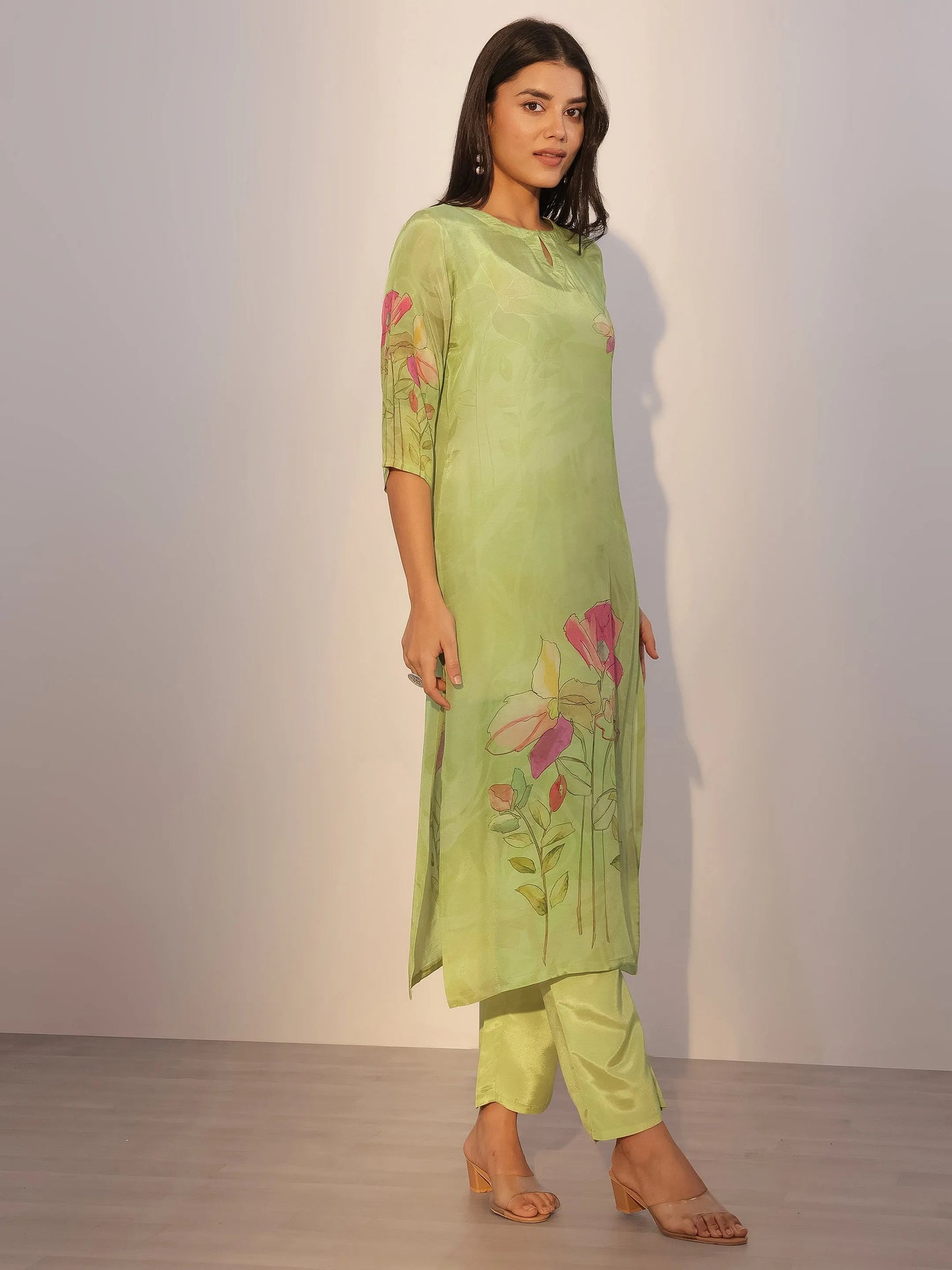 Green Printed Silk Blend Straight Suit With Dupatta