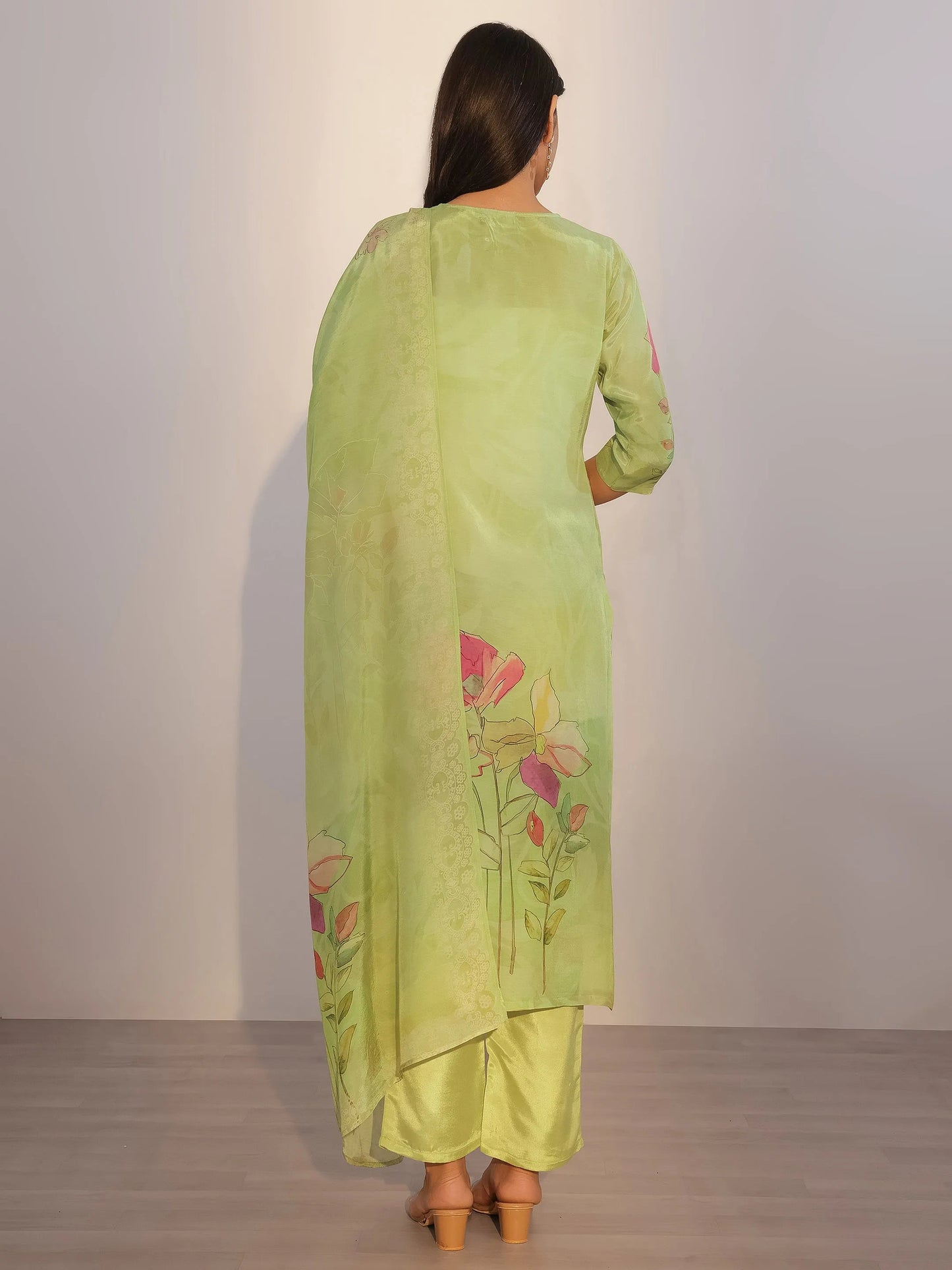 Green Printed Silk Blend Straight Suit With Dupatta