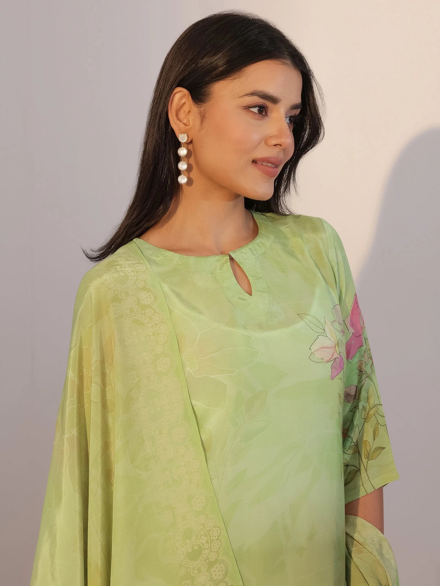 Green Printed Silk Blend Straight Suit With Dupatta