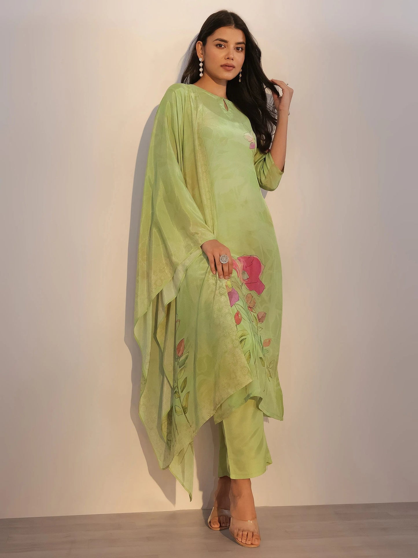 Green Printed Silk Blend Straight Suit With Dupatta
