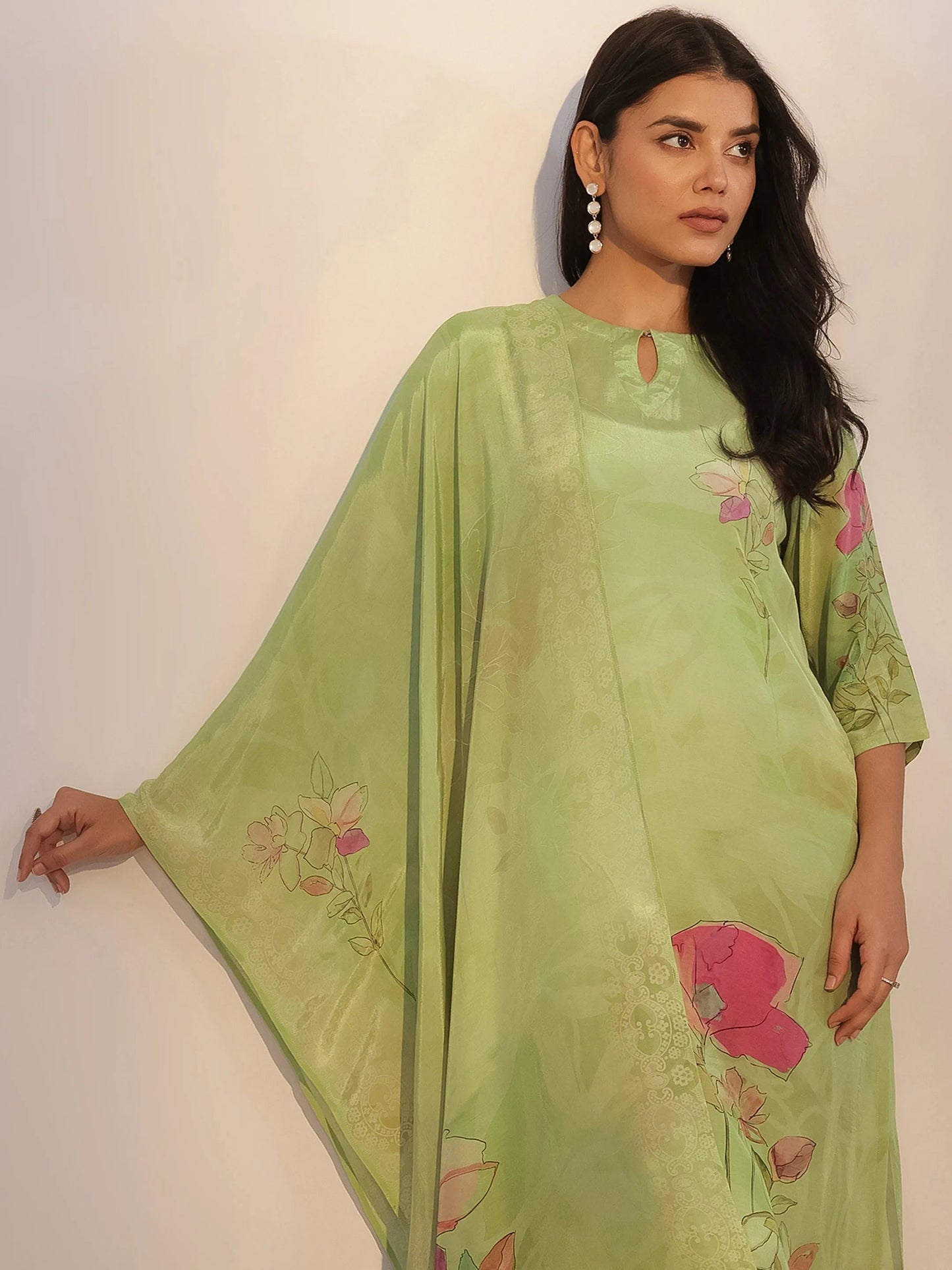 Green Printed Silk Blend Straight Suit With Dupatta