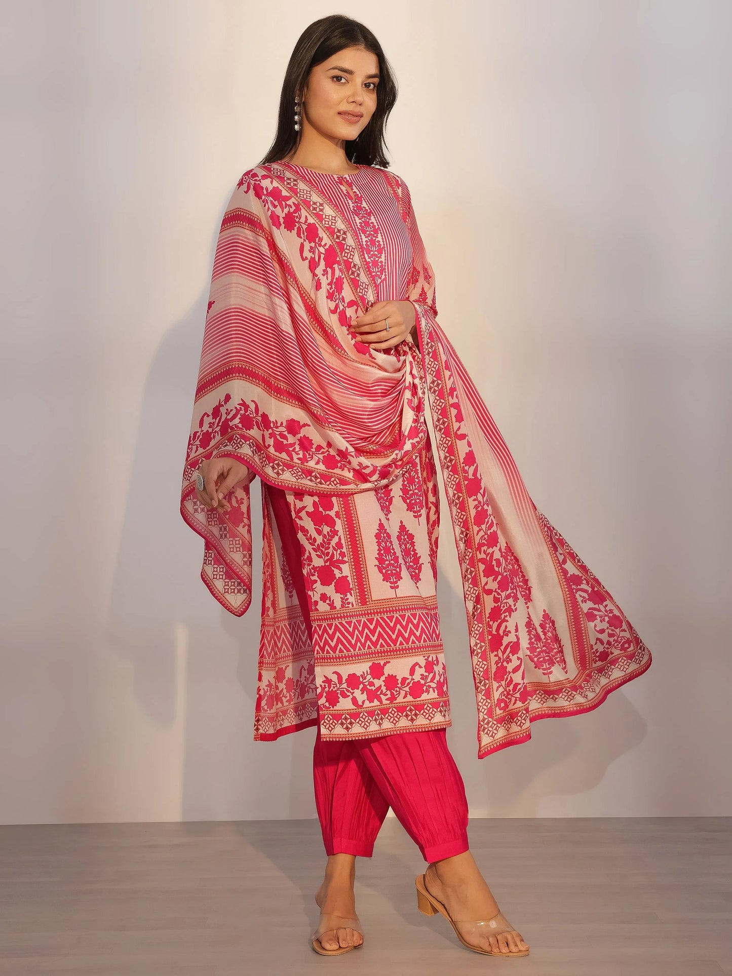 Pink Printed Silk Blend Straight Suit With Dupatta