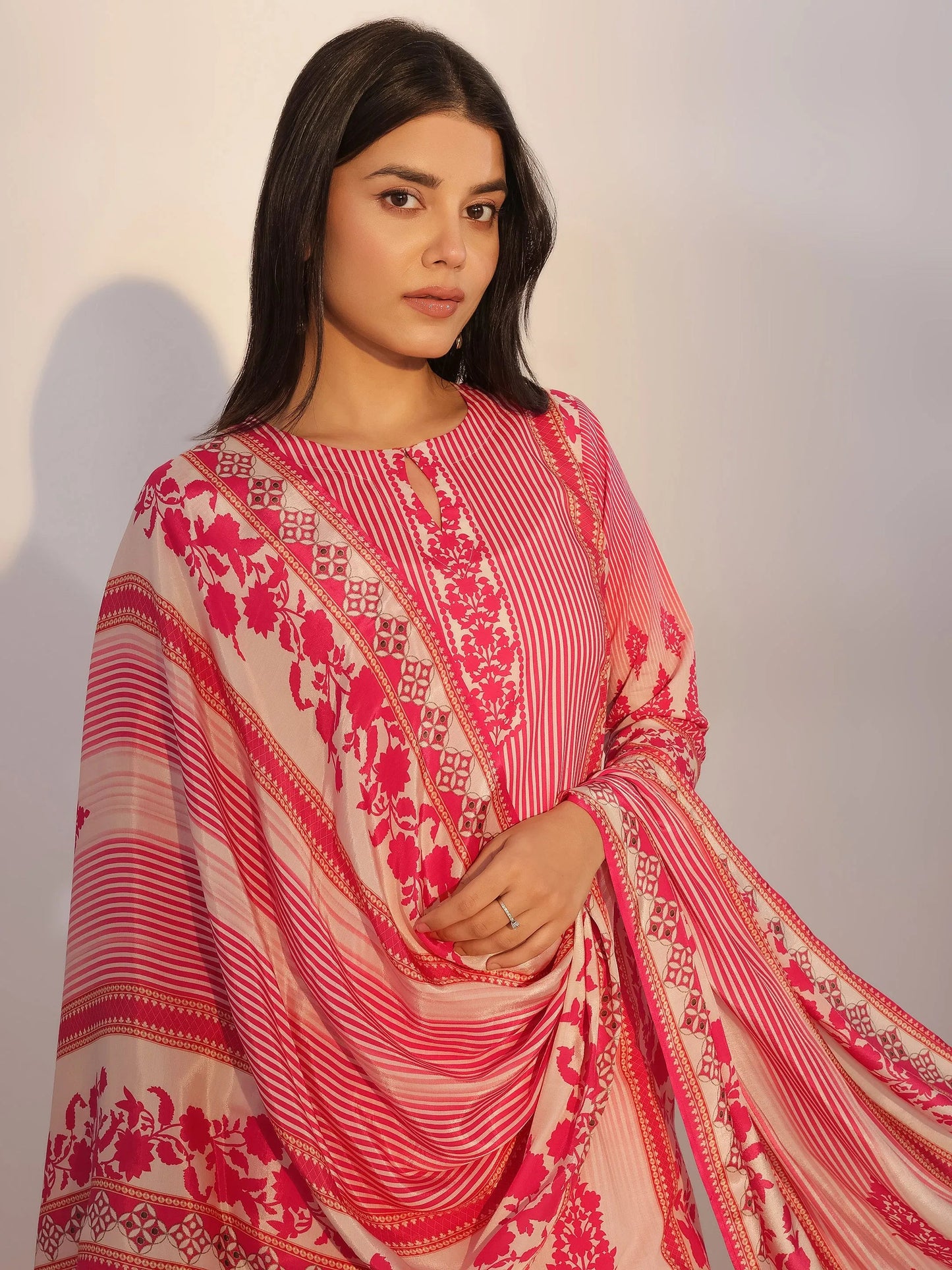 Pink Printed Silk Blend Straight Suit With Dupatta