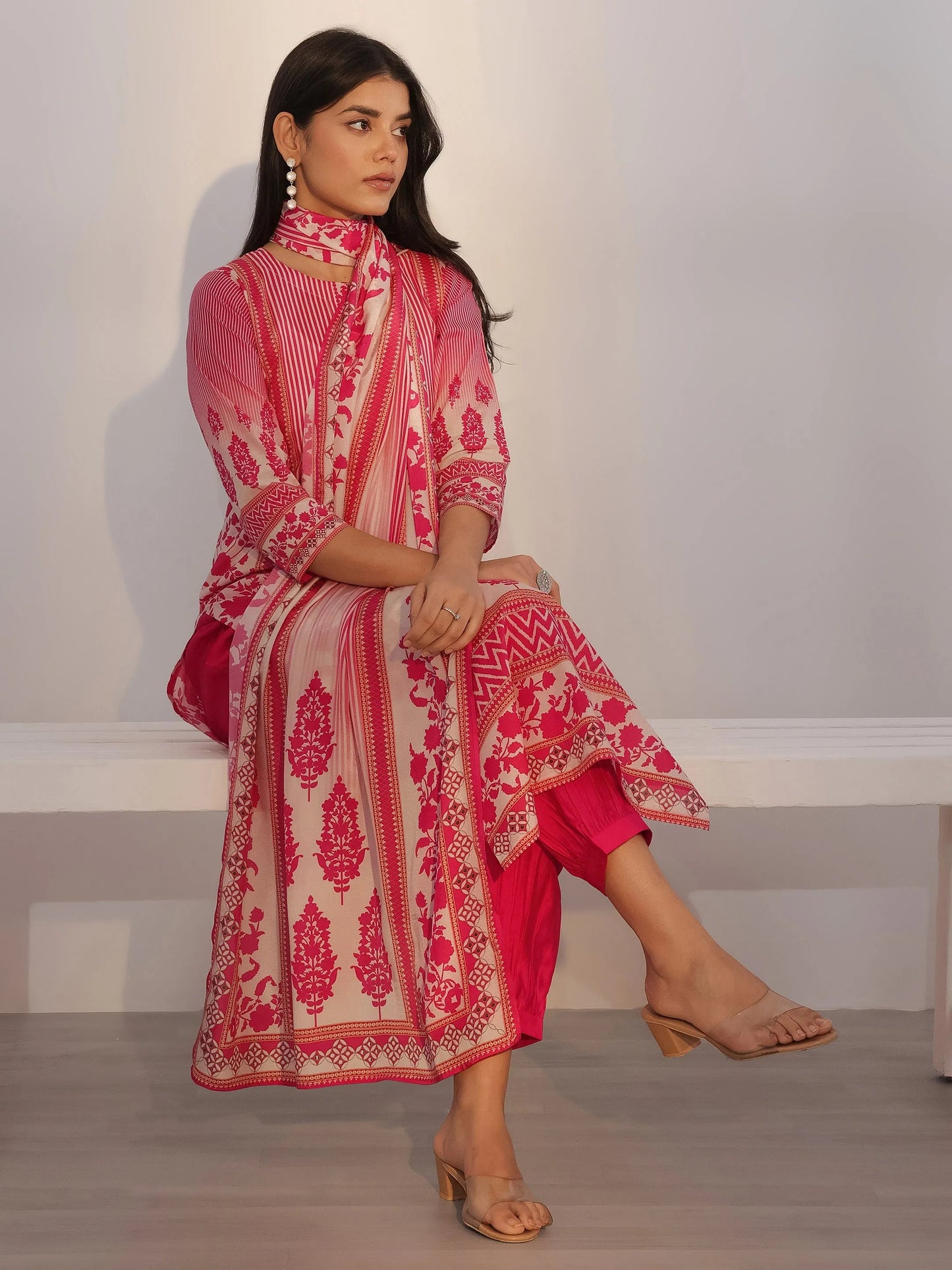 Pink Printed Silk Blend Straight Suit With Dupatta