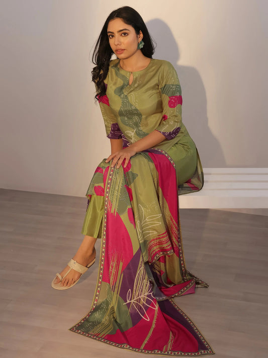 Green Printed Silk Blend Straight Suit With Dupatta