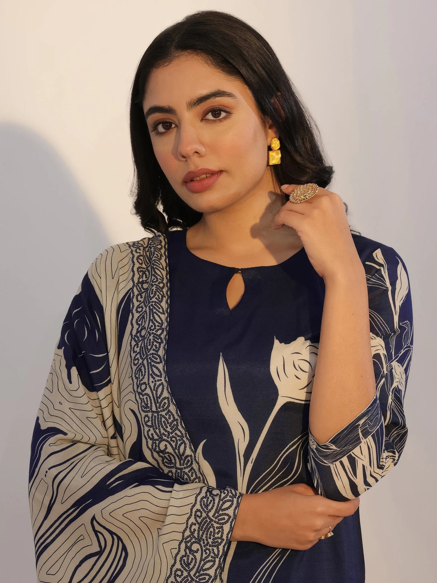 Navy Blue Printed Silk Blend Straight Suit With Dupatta