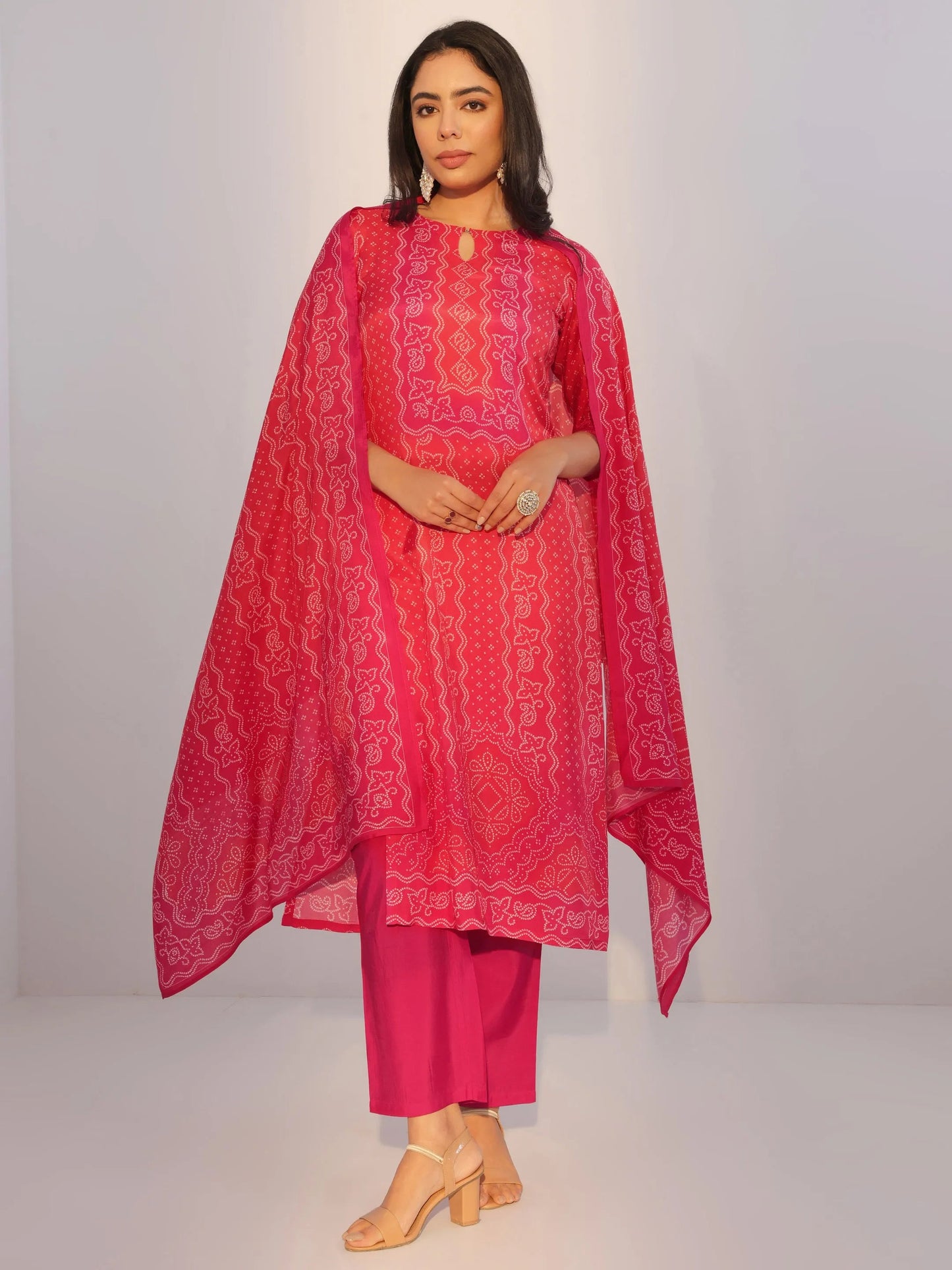 Red Printed Silk Blend Straight Suit With Dupatta