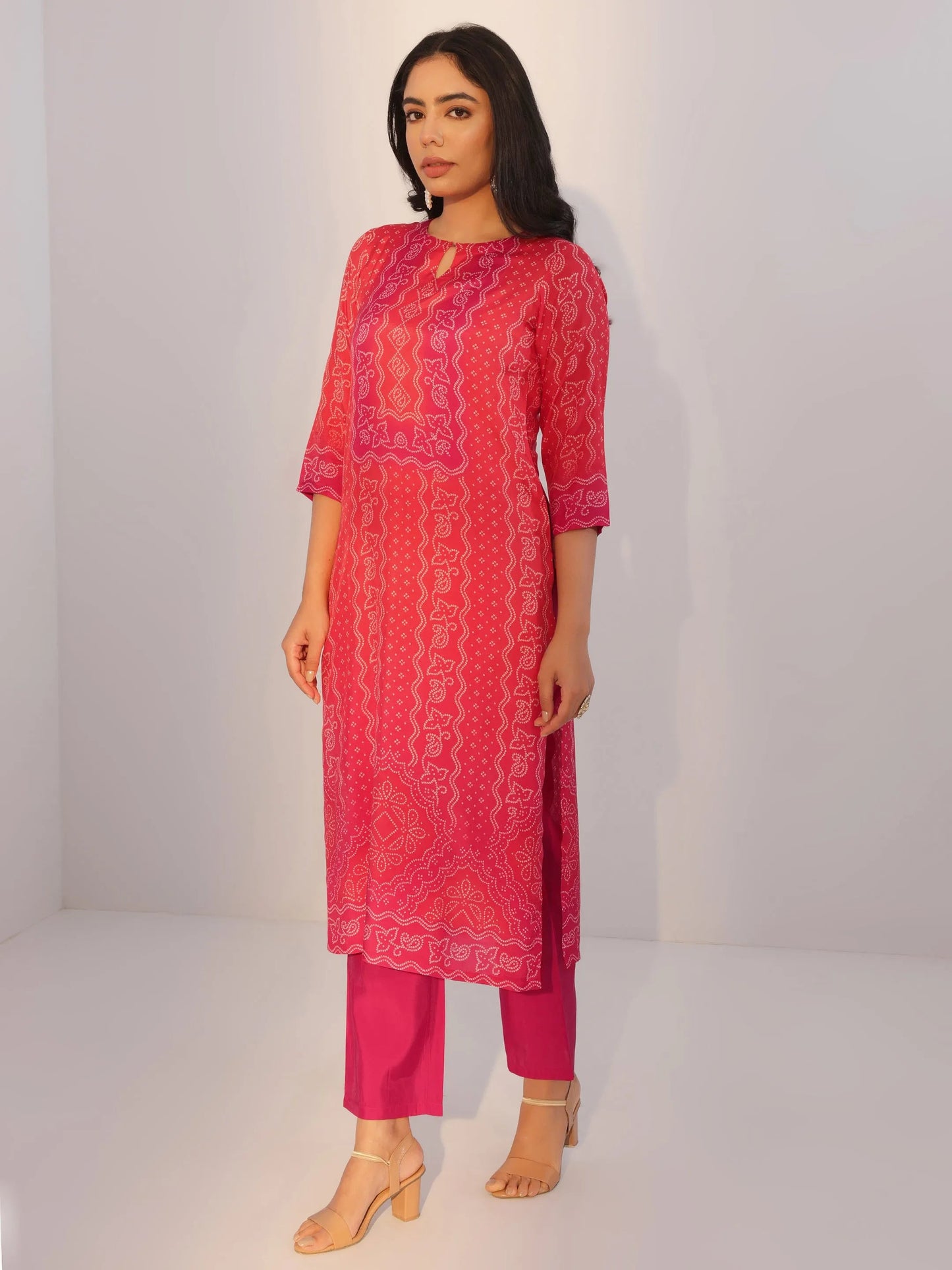 Red Printed Silk Blend Straight Suit With Dupatta