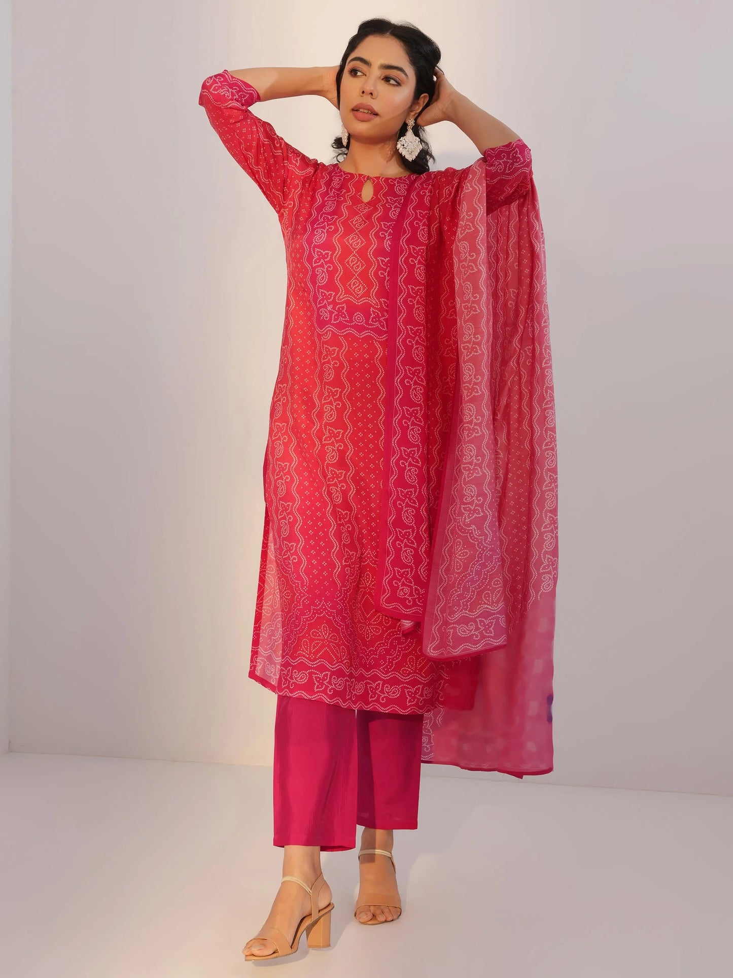 Red Printed Silk Blend Straight Suit With Dupatta