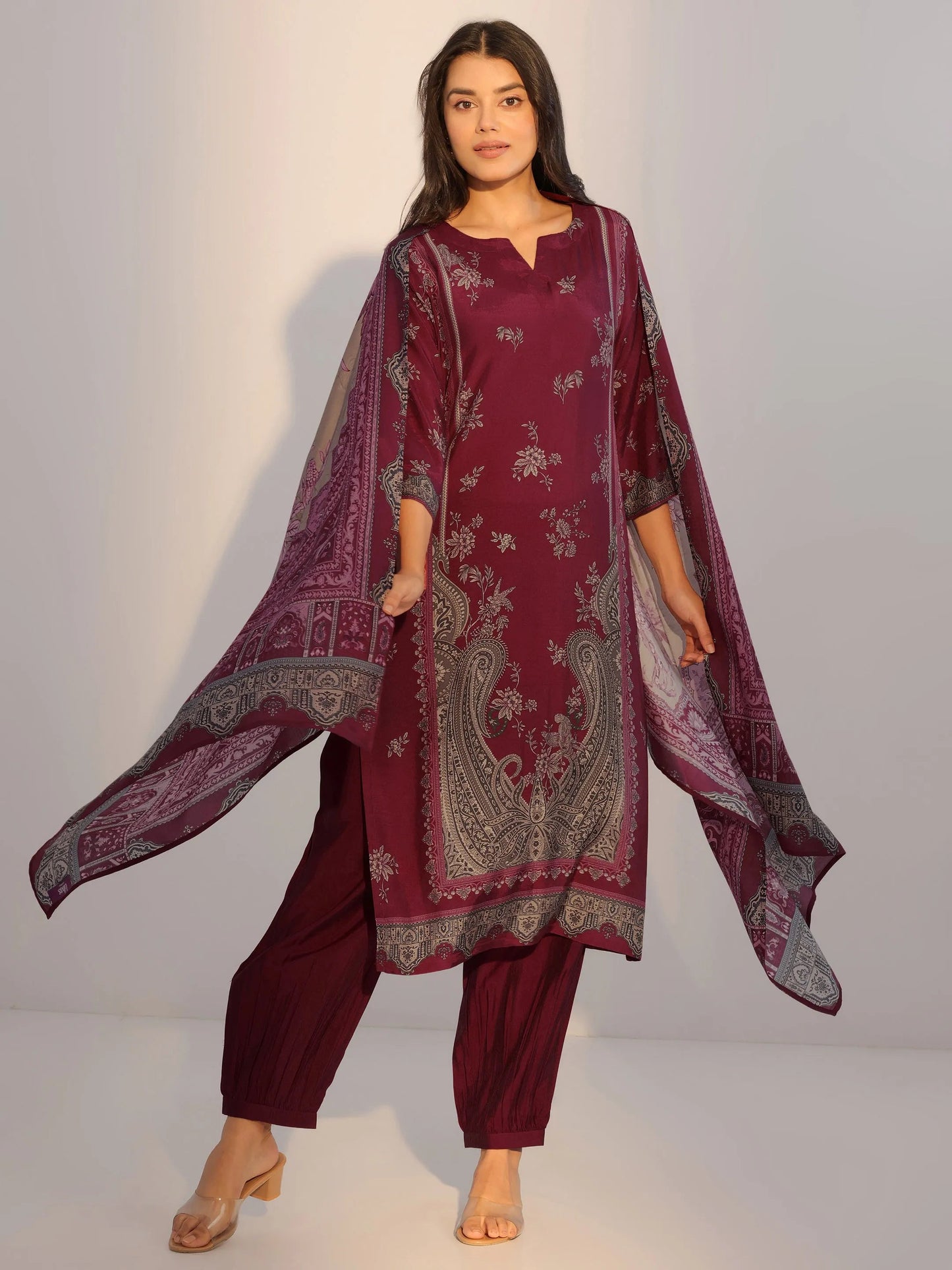 Rust Printed Silk Blend Straight Suit With Dupatta