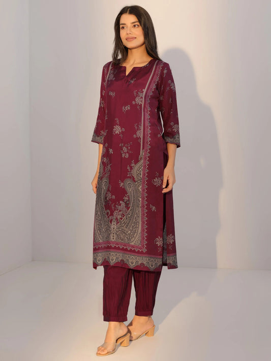 Rust Printed Silk Blend Straight Suit With Dupatta