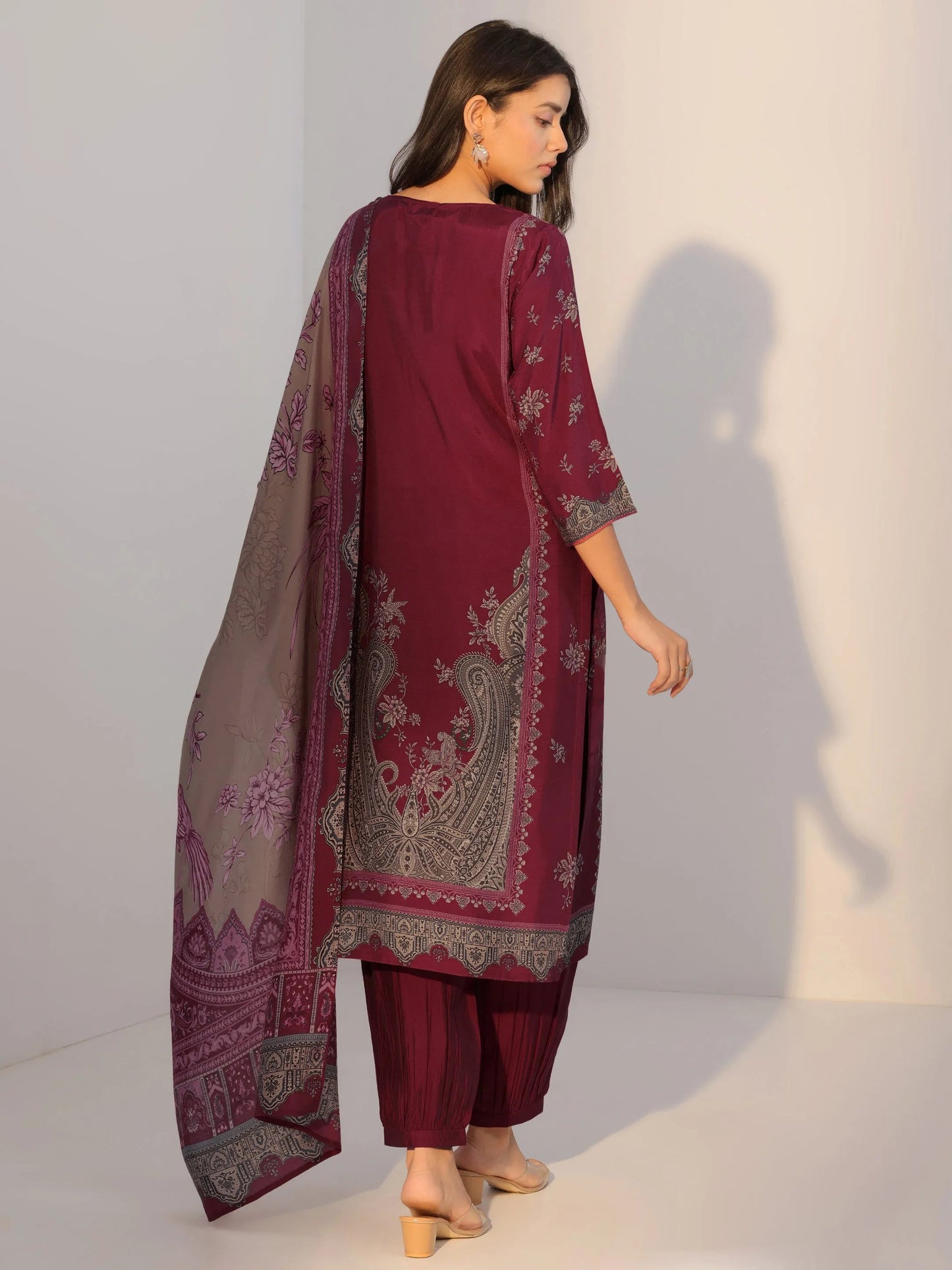 Rust Printed Silk Blend Straight Suit With Dupatta