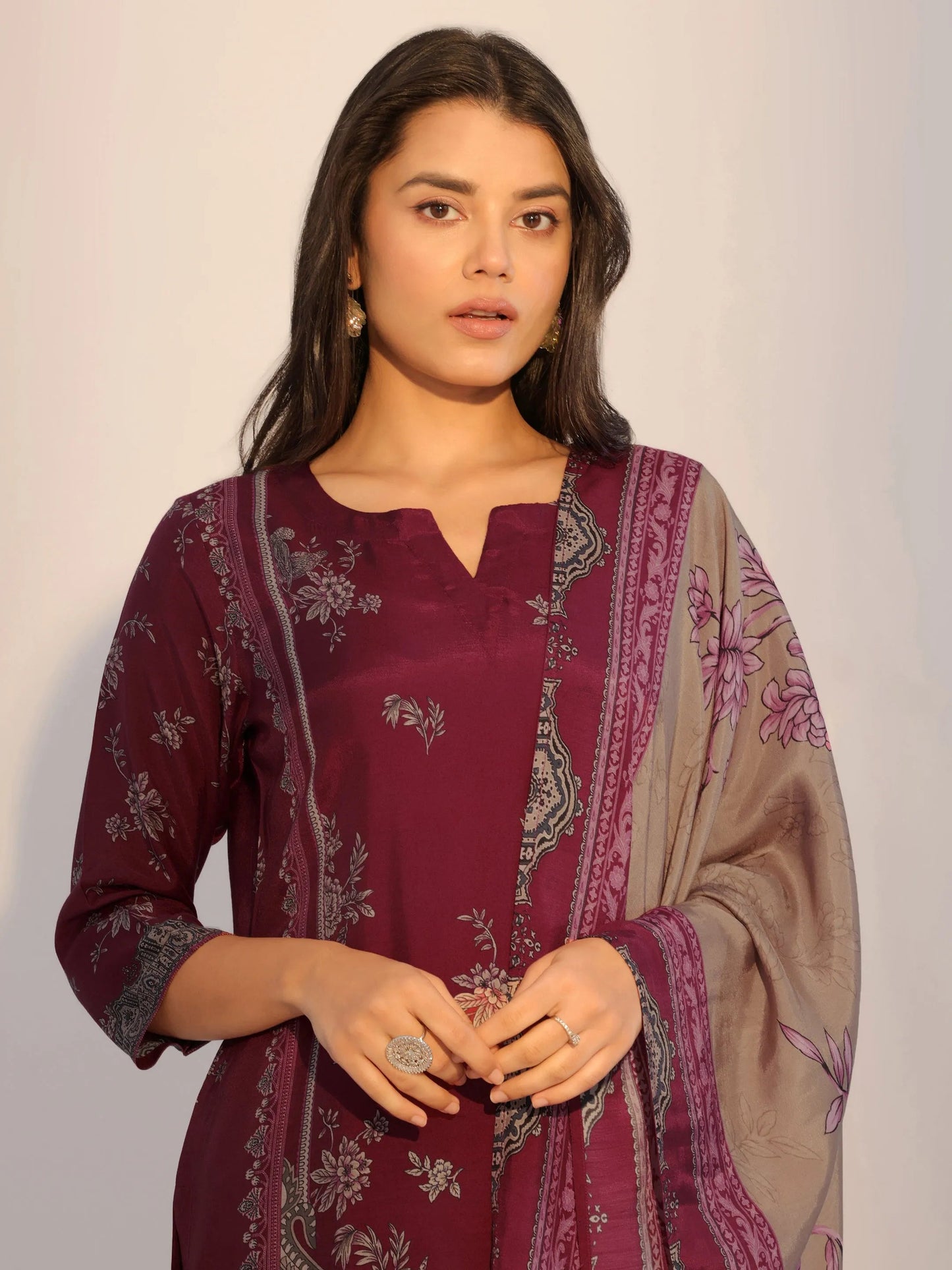 Rust Printed Silk Blend Straight Suit With Dupatta