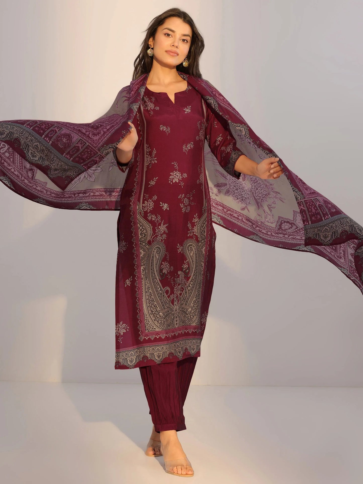 Rust Printed Silk Blend Straight Suit With Dupatta