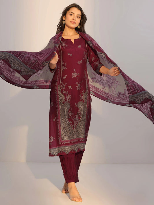 Rust Printed Silk Blend Straight Suit With Dupatta