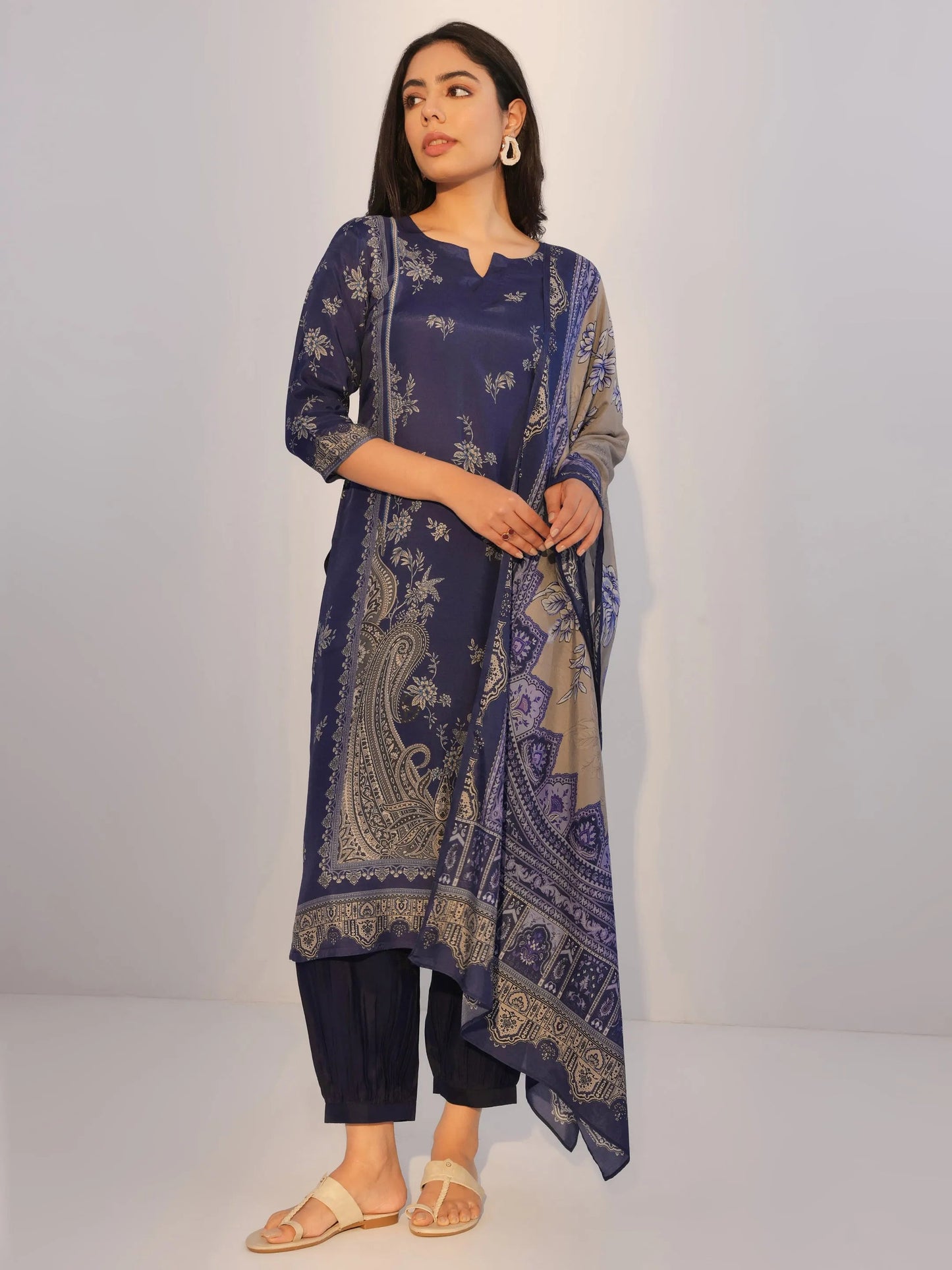 Blue Printed Silk Blend Straight Suit With Dupatta
