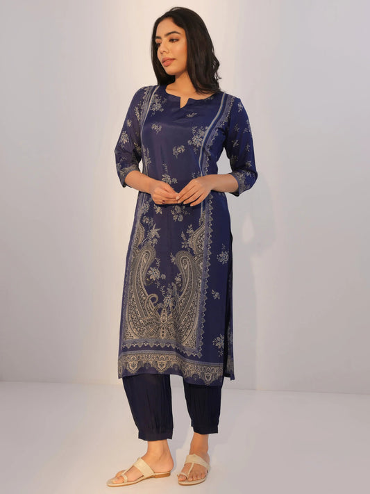 Blue Printed Silk Blend Straight Suit With Dupatta
