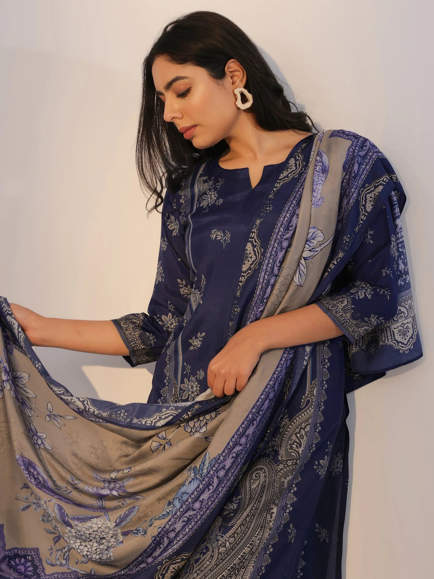 Blue Printed Silk Blend Straight Suit With Dupatta