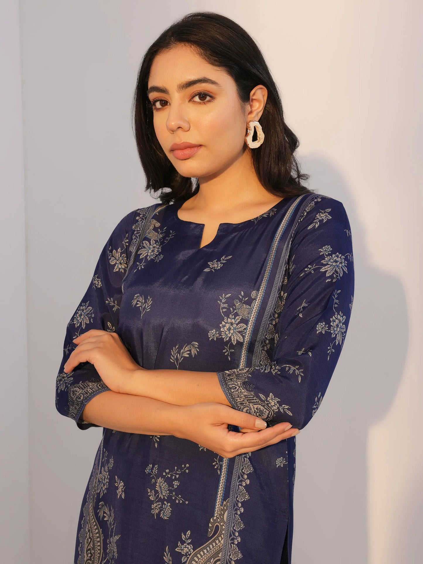 Blue Printed Silk Blend Straight Suit With Dupatta