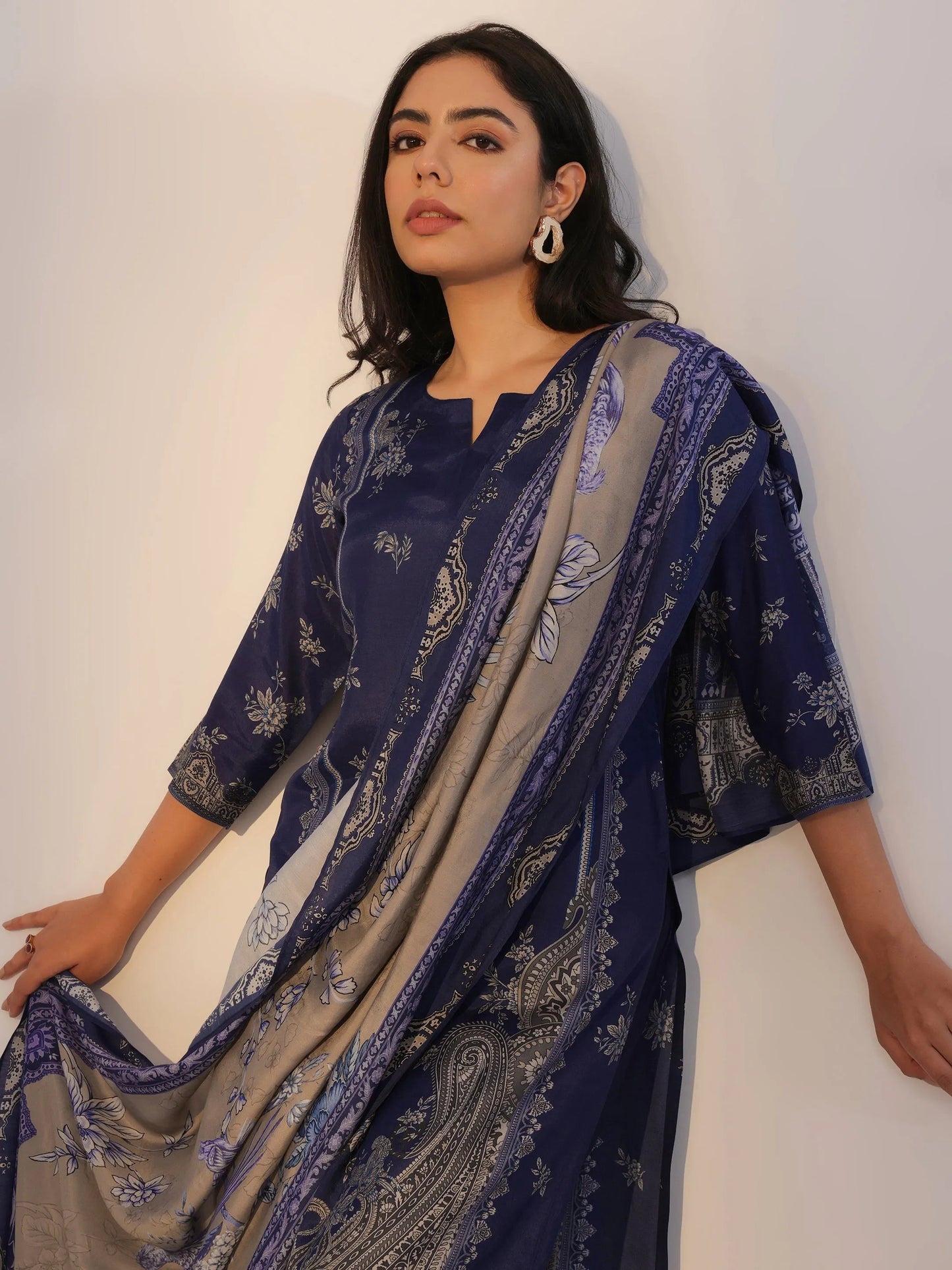 Blue Printed Silk Blend Straight Suit With Dupatta