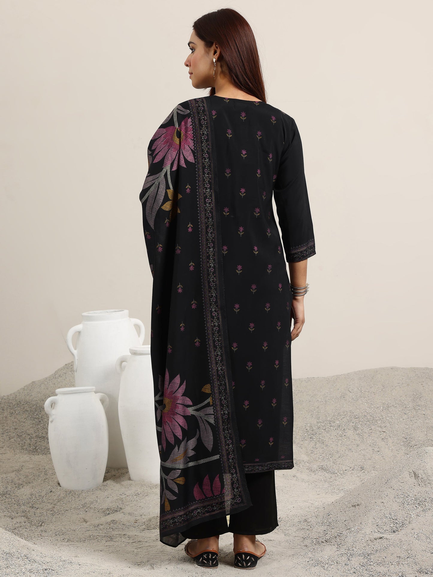 Black Printed Silk Blend Straight Suit With Dupatta