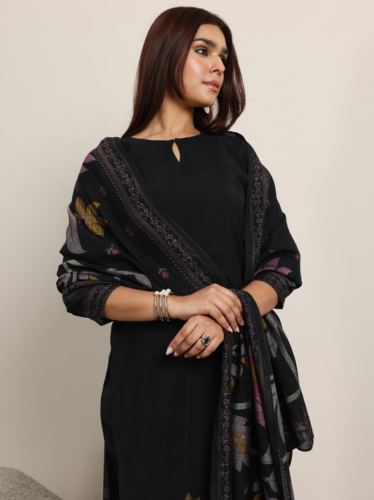 Black Printed Silk Blend Straight Suit With Dupatta