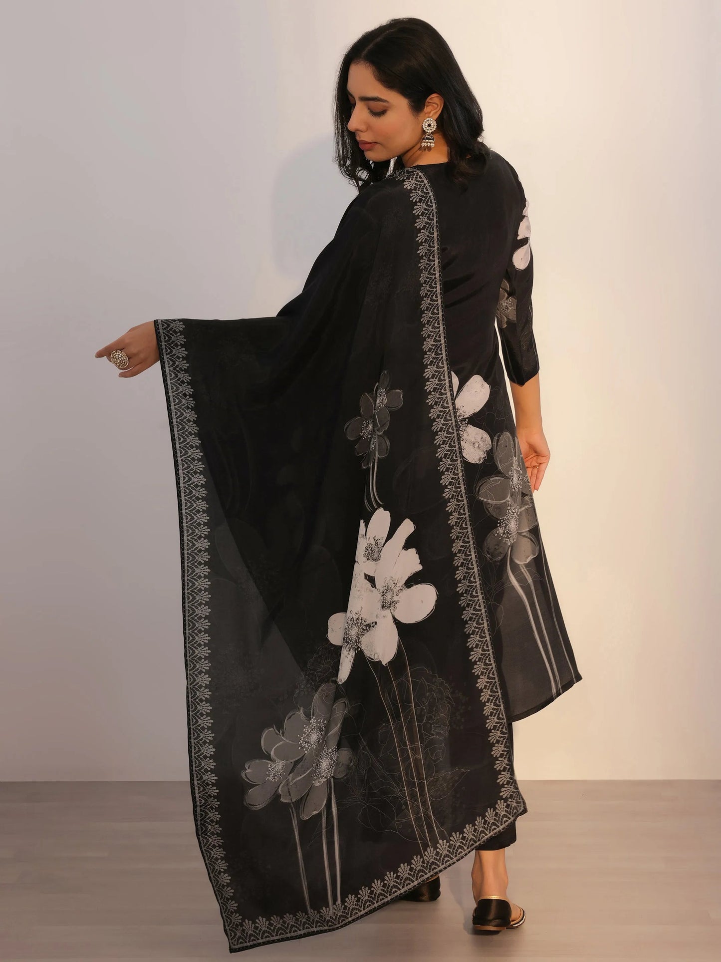Black Printed Silk Blend Straight Suit With Dupatta