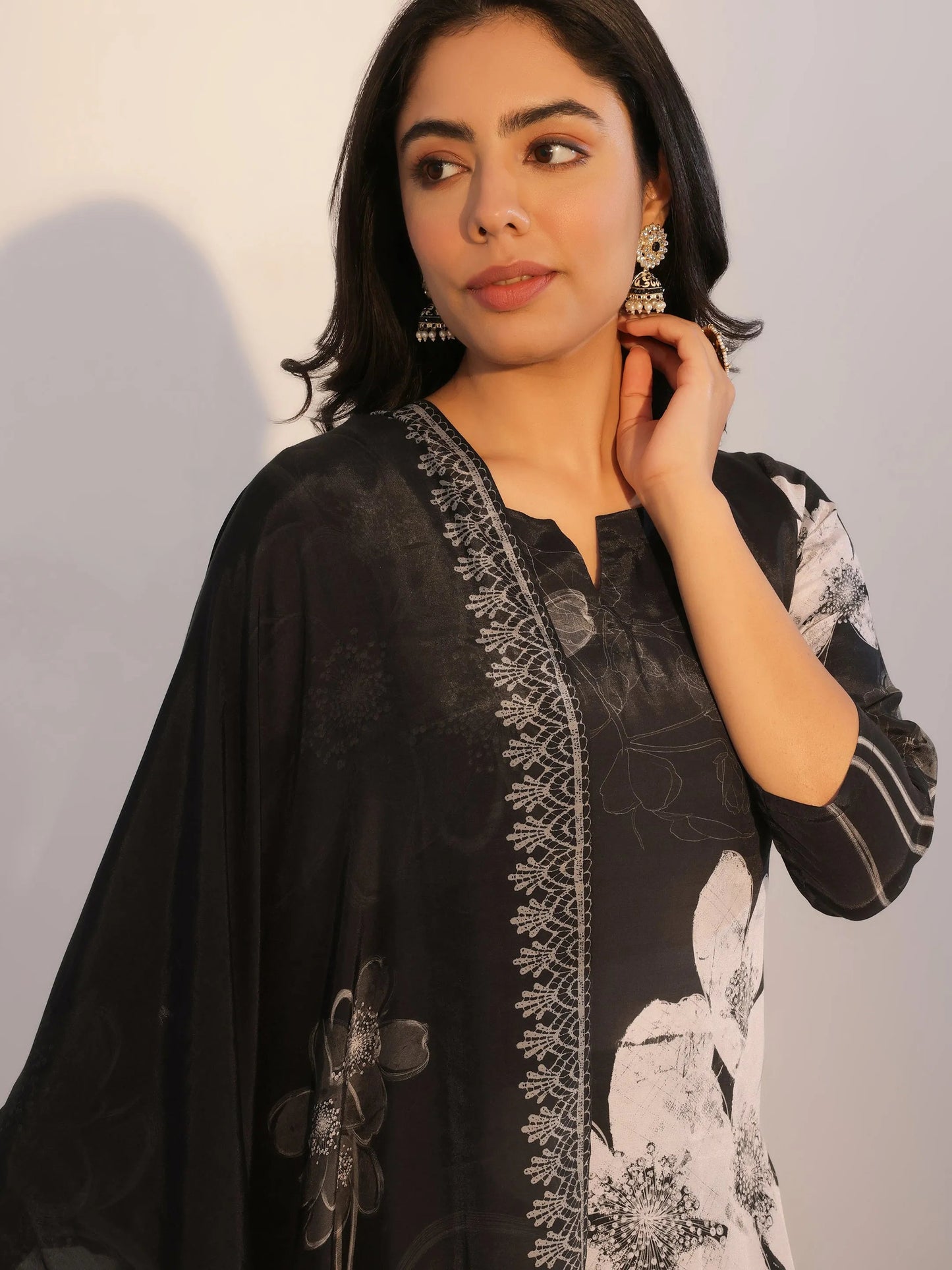 Black Printed Silk Blend Straight Suit With Dupatta