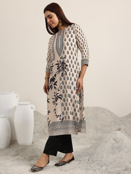 Off White Printed Silk Blend Straight Suit With Dupatta