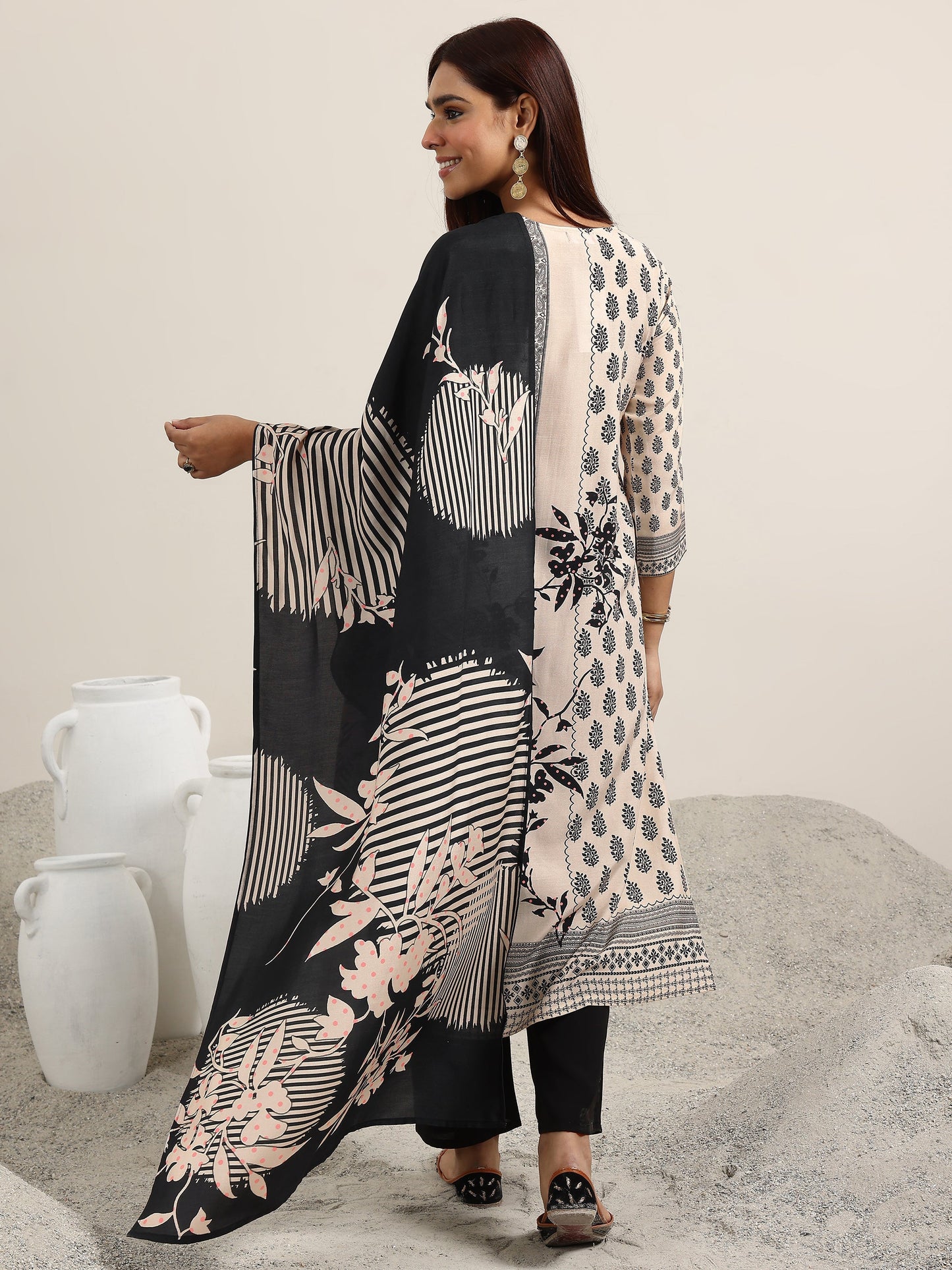 Off White Printed Silk Blend Straight Suit With Dupatta